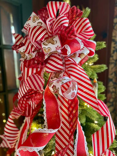 Red & White Gingerbread Christmas Bow - The Ruth, Tree Topper Bow, luxury bow, Christmas tree bow, tree trimming, big red ribbon topper