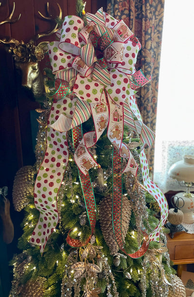 The Monica Red White & Green Whimsical Christmas Tree Topper Bow