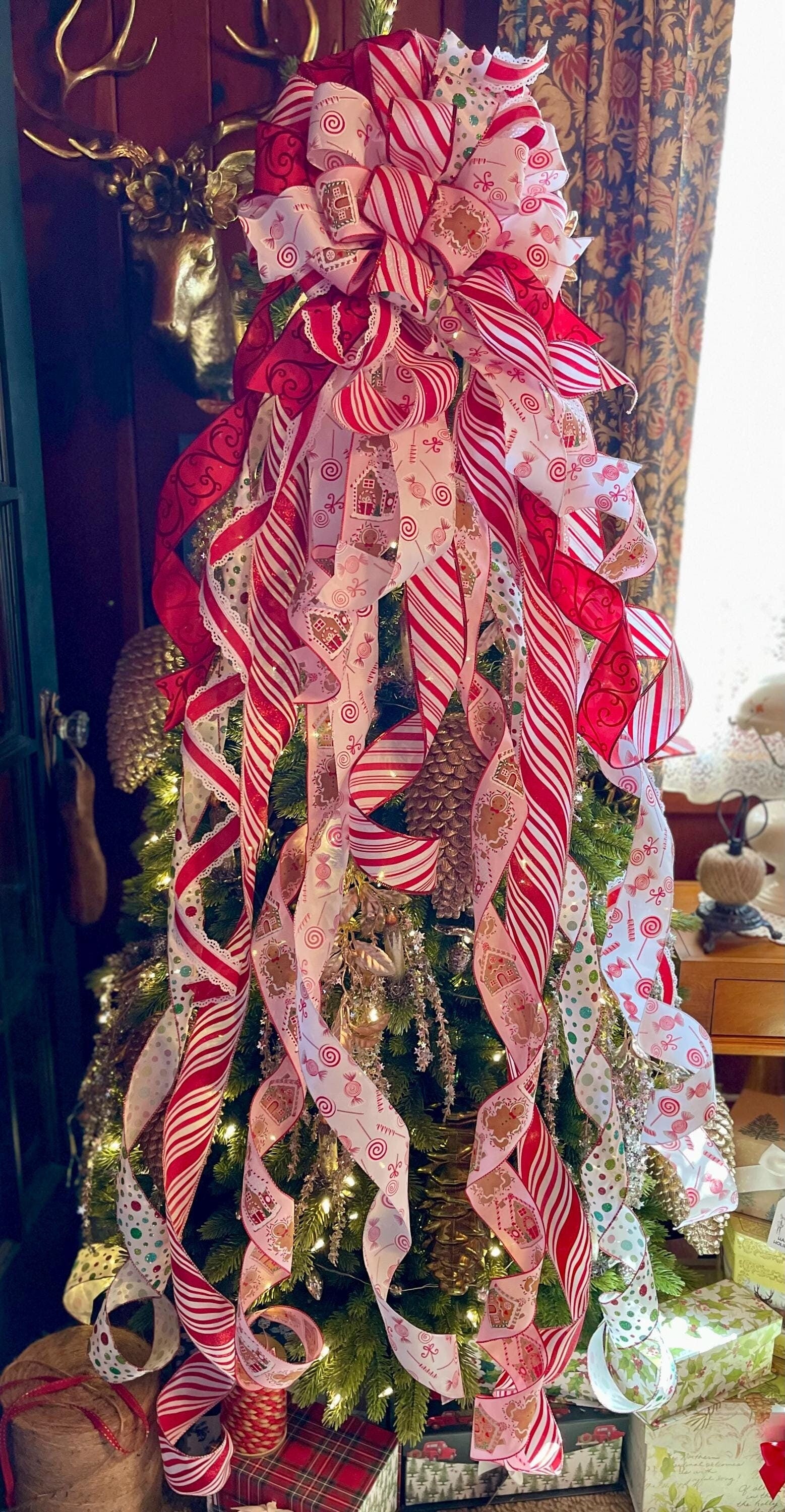 The Elodie Red White & Pink Christmas Tree Topper Bow