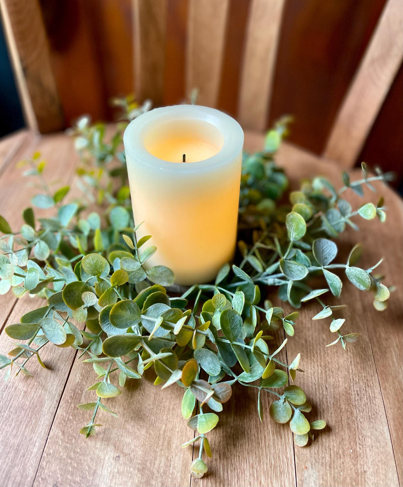 Eucalyptus Candle Ring, Greenery Mini Wreath, Candle Wreath, Mantle decor, Kitchen island decor, farmhouse year round decor, Fall