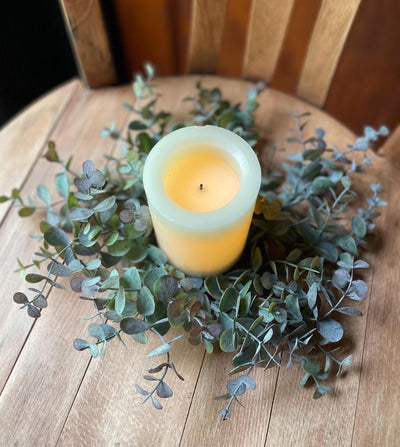 Eucalyptus Candle Ring, Greenery Mini Wreath, Candle Wreath, Mantle decor, Kitchen island decor, farmhouse year round decor, Fall