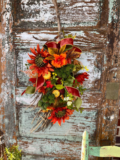 The Aurelia Fall Swag For Front Door, Autumn country cottage wreath, Farmhouse swag, unique door wreath, Orange & yellow fall floral swag