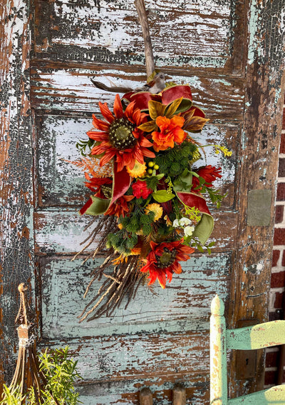 The Aurelia Fall Swag For Front Door, Autumn country cottage wreath, Farmhouse swag, unique door wreath, Orange & yellow fall floral swag