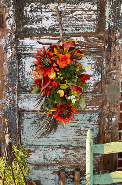 The Aurelia Fall Swag For Front Door, Autumn country cottage wreath, Farmhouse swag, unique door wreath, Orange & yellow fall floral swag