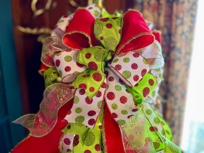 The Jolly Red White & Lime Green Christmas Tree Topper Bow