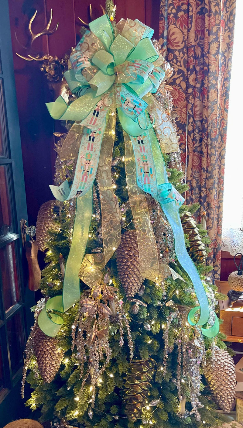 The Sergei Mint & Gold Nutcracker Christmas Tree Topper Bow