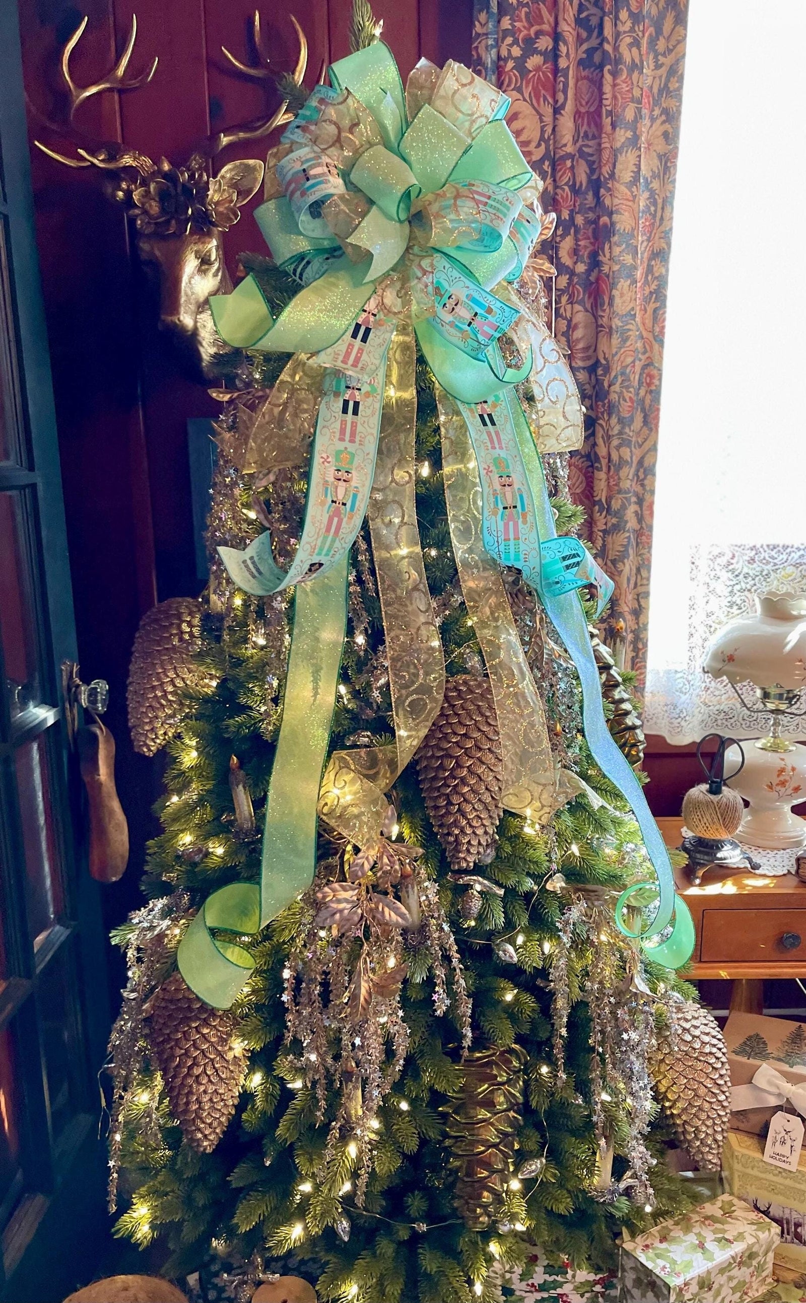 The Sergei Mint & Gold Nutcracker Christmas Tree Topper Bow
