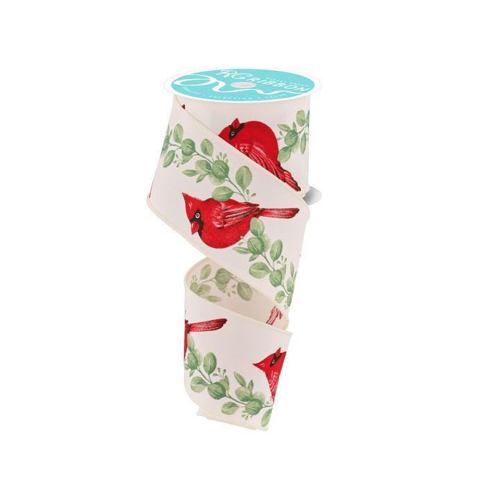 Red Cardinal & Eucalyptus Wired Ribbon 2.5" x 10 YARD ROLL