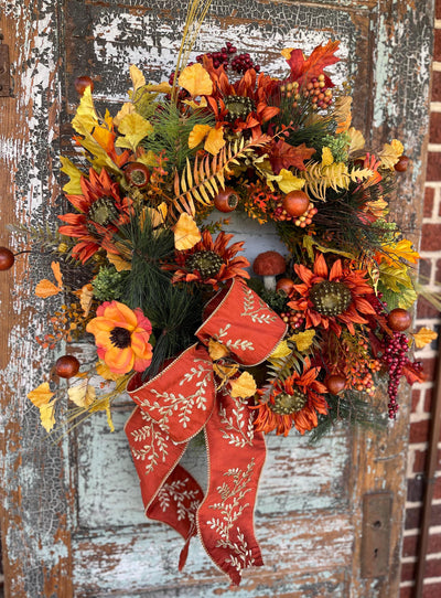 The Maple Cottage Fall Wreath For Front Door, Yellow, Orange & Russet Autumn Wreath, country wreath, Farmhouse mushroom wreath