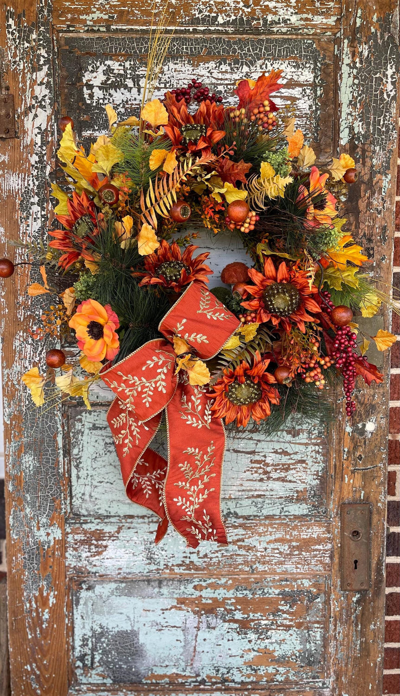 The Maple Cottage Fall Wreath For Front Door, Yellow, Orange & Russet Autumn Wreath, country wreath, Farmhouse mushroom wreath