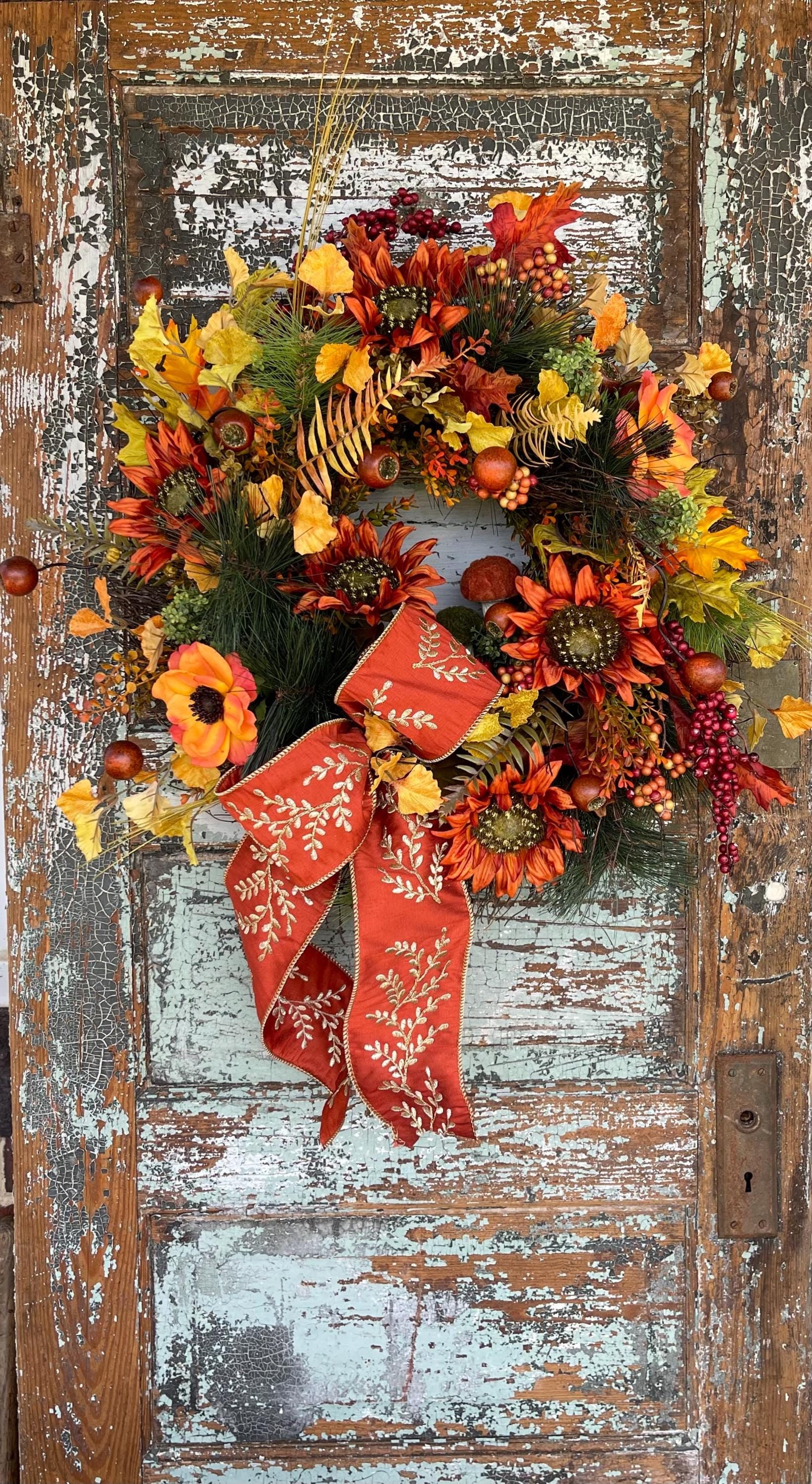 The Maple Cottage Fall Wreath For Front Door, Yellow, Orange & Russet Autumn Wreath, country wreath, Farmhouse mushroom wreath