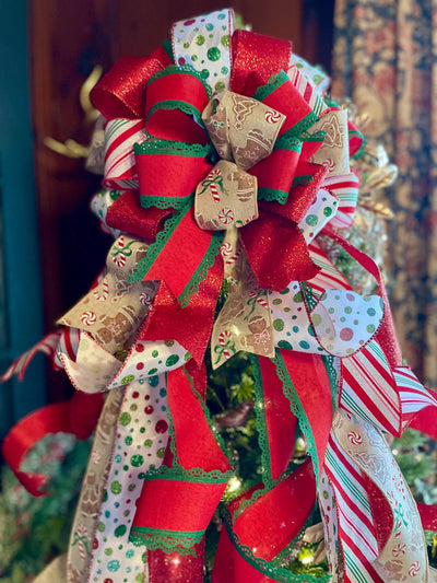 The Wendy Red White & Green Christmas Tree Topper Bow, whimsical bow for tree, polka dot christmas bow, tree trimming bow, XL tree bow