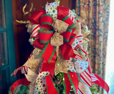 The Wendy Red White & Green Christmas Tree Topper Bow, whimsical bow for tree, polka dot christmas bow, tree trimming bow, XL tree bow