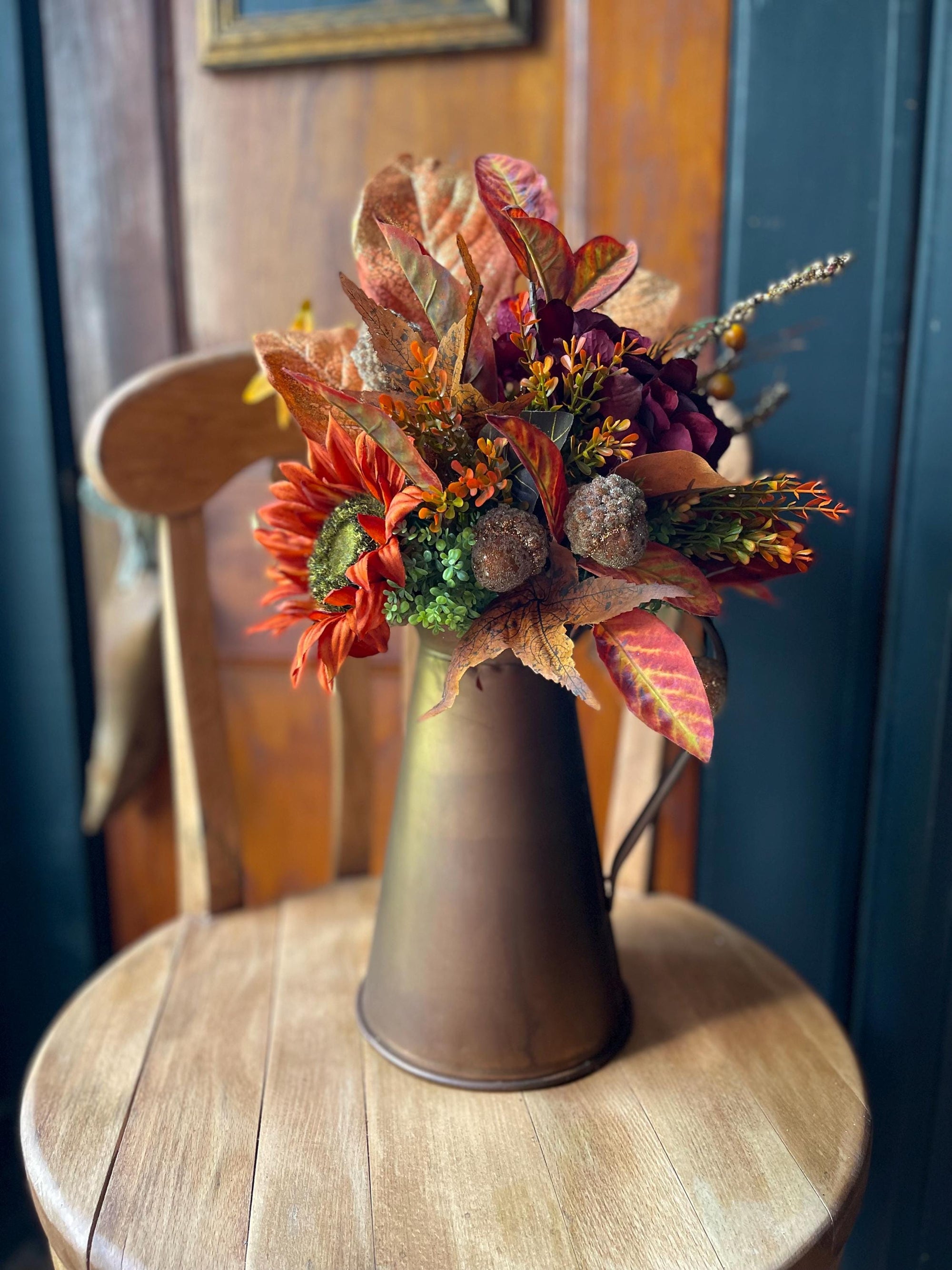 The Katerina Gold & Bronze Fall Copper Pitcher Centerpiece, For Dining Room Table,Thanksgiving centerpiece, Farmhouse glam arrangement