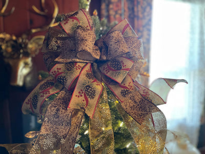 The Balsam Gold Christmas Tree Topper Bow, Pinecone bow topper, Xmas Bow for wreaths,Farmhouse bow,Christmas Decor,Mailbox Bow,Lantern Bow