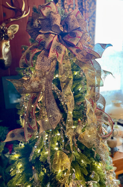 The Balsam Gold Christmas Tree Topper Bow, Pinecone bow topper, Xmas Bow for wreaths,Farmhouse bow,Christmas Decor,Mailbox Bow,Lantern Bow