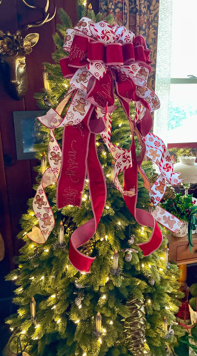 The Ginnifer Red & White Gingerbread Christmas Tree Topper Bow:XL luxury bow