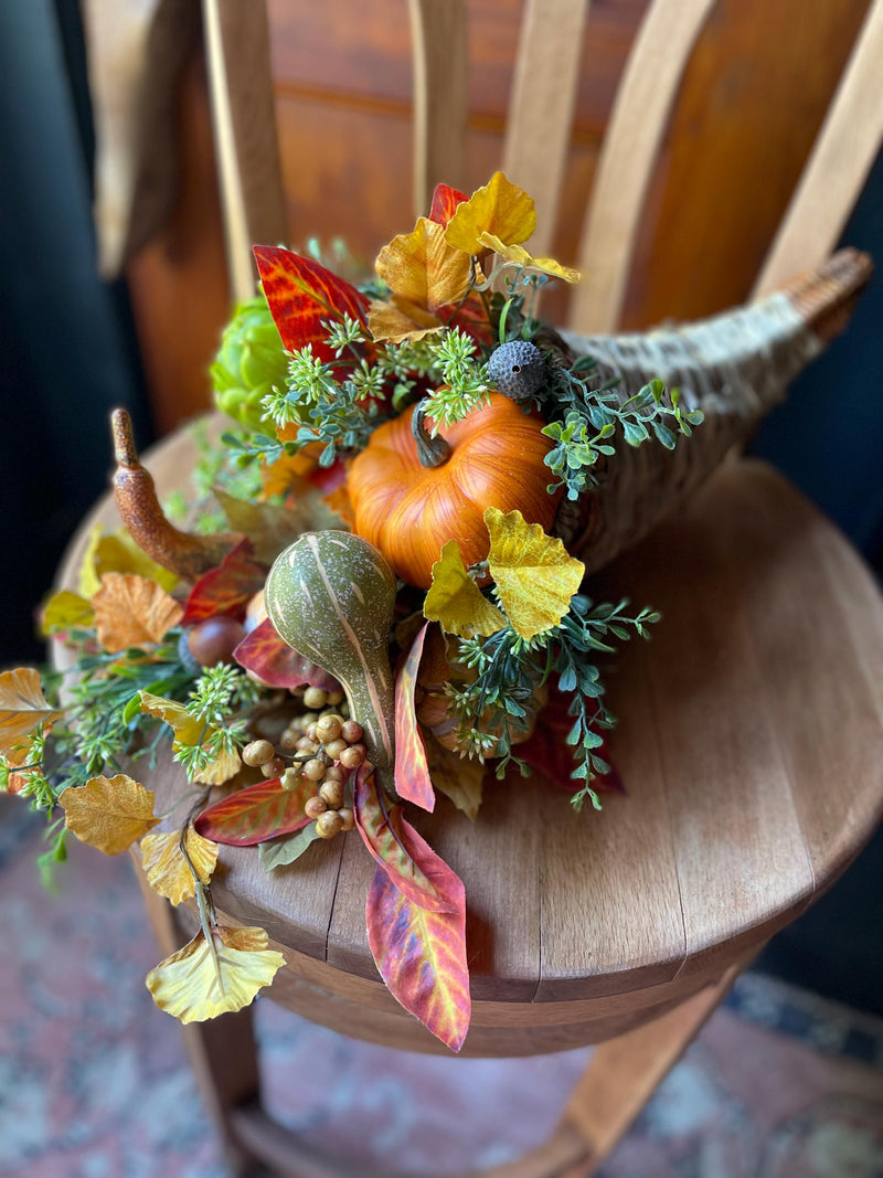 The Mary Fall Cornucopia Centerpiece For Table, Thanksgiving orange & green fall flowers, pumpkin flower arrangement, Autumn horn of plenty