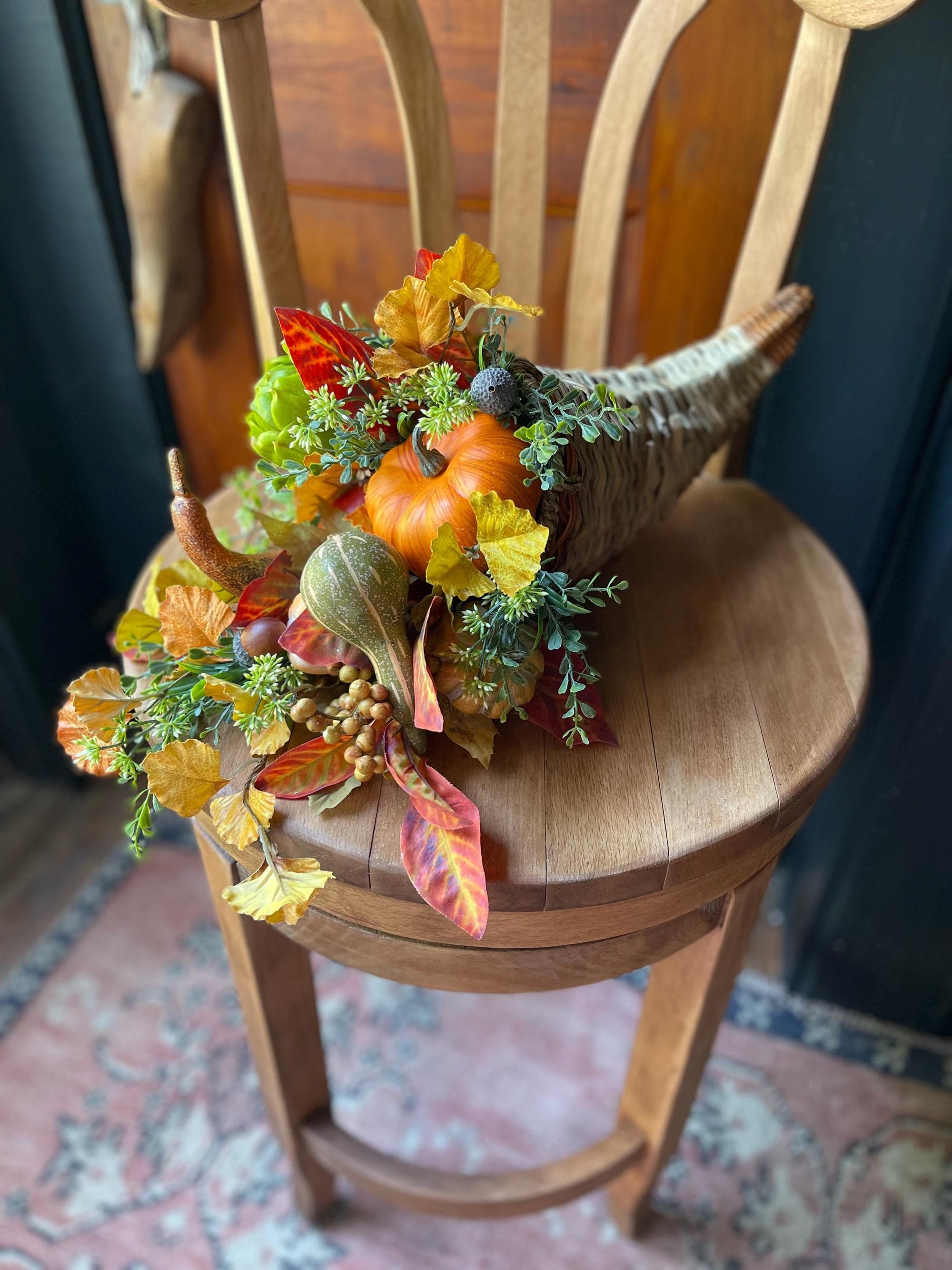 The Mary Fall Cornucopia Centerpiece For Table, Thanksgiving orange & green fall flowers, pumpkin flower arrangement, Autumn horn of plenty