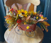 The Peggy Fall Wagon Centerpiece For Table, Summer fall arrangement, Rustic arrangement, Orange green autumn centerpiece