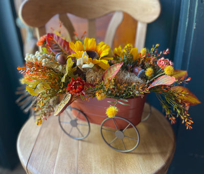 The Peggy Fall Wagon Centerpiece For Table, Summer fall arrangement, Rustic arrangement, Orange green autumn centerpiece