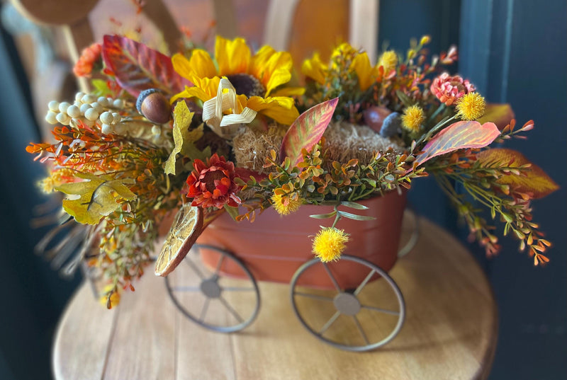 The Peggy Fall Wagon Centerpiece For Table, Summer fall arrangement, Rustic arrangement, Orange green autumn centerpiece