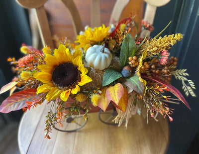 The Peggy Fall Wagon Centerpiece For Table, Summer fall arrangement, Rustic arrangement, Orange green autumn centerpiece