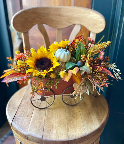 The Peggy Fall Wagon Centerpiece For Table, Summer fall arrangement, Rustic arrangement, Orange green autumn centerpiece