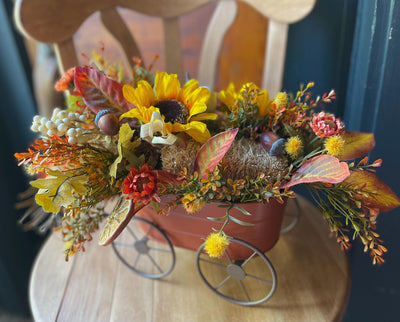 The Peggy Fall Wagon Centerpiece For Table, Summer fall arrangement, Rustic arrangement, Orange green autumn centerpiece