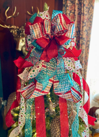 The Yuletide Red & Blue Christmas Tree Topper Bow