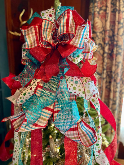 The Yuletide Red Blue & White Christmas Tree Topper Bow