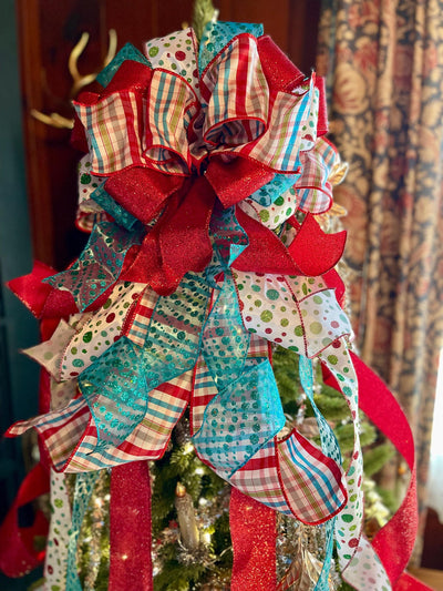 The Yuletide Red Blue & White Christmas Tree Topper Bow