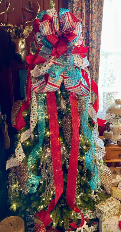 The Yuletide Red & Blue Christmas Tree Topper Bow