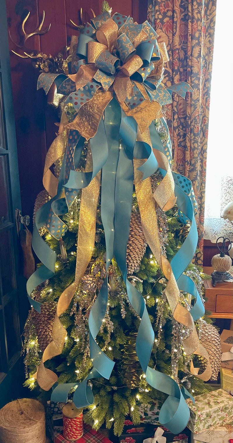 The Cyan Smoke Blue & Gold Christmas Tree Topper Bow, Luxury Bow, Xmas bow, blue bow for tree, ribbon topper, cottage tree trimming bow