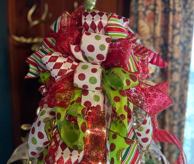 The Odessa Red & Green polka dot Christmas Tree Topper Bow