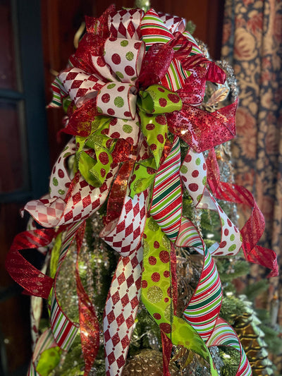 The Odessa Red & Green polka dot Christmas Tree Topper Bow