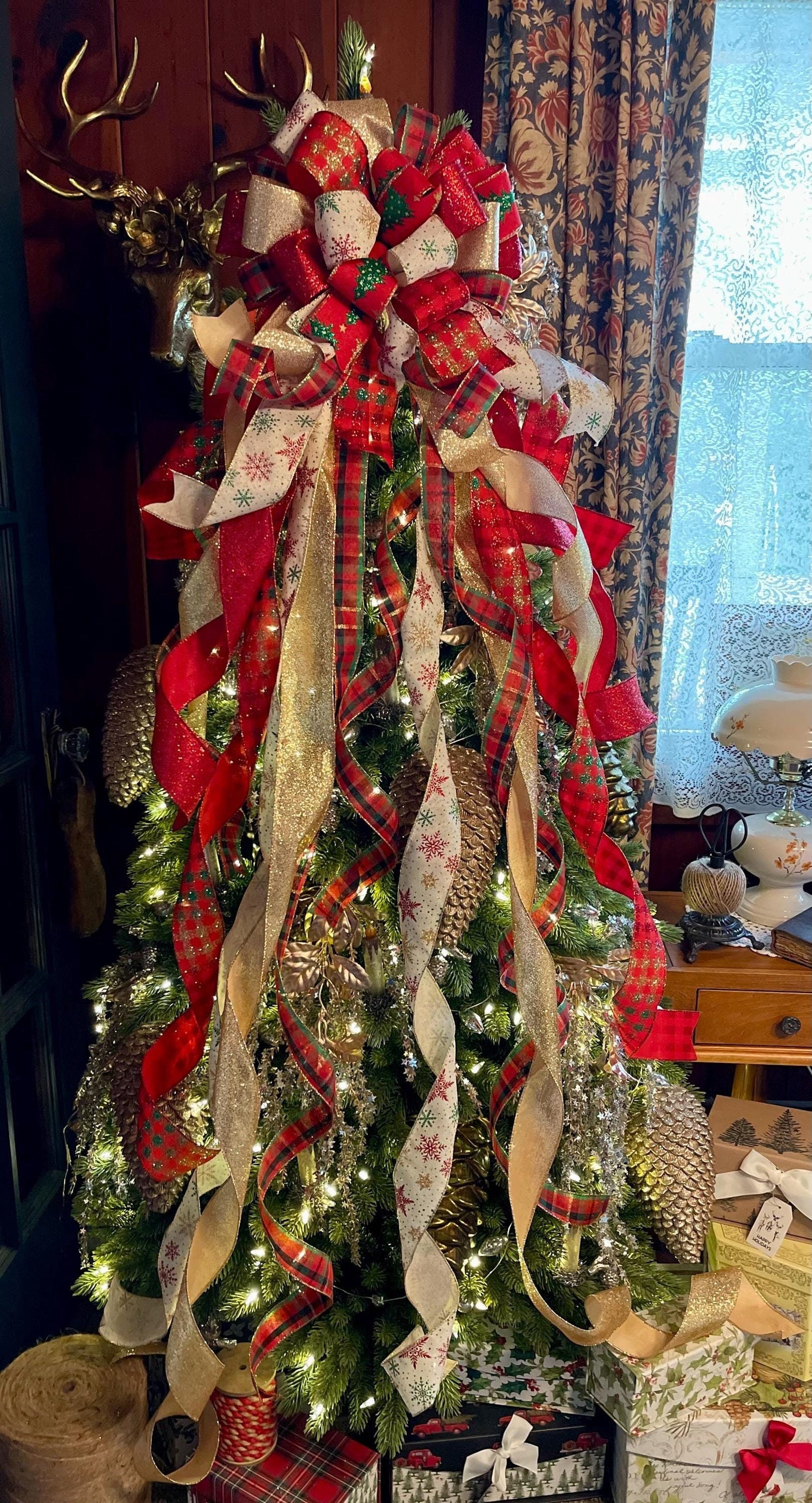 The Triss Red Green & Gold Christmas Tree Topper Bow