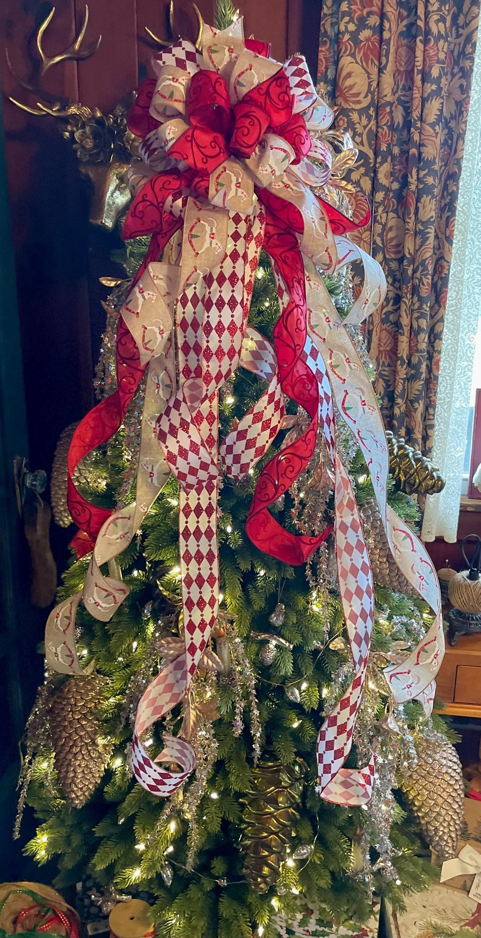 The Flavia Red & White Rocking Horse Christmas Tree Topper Bow