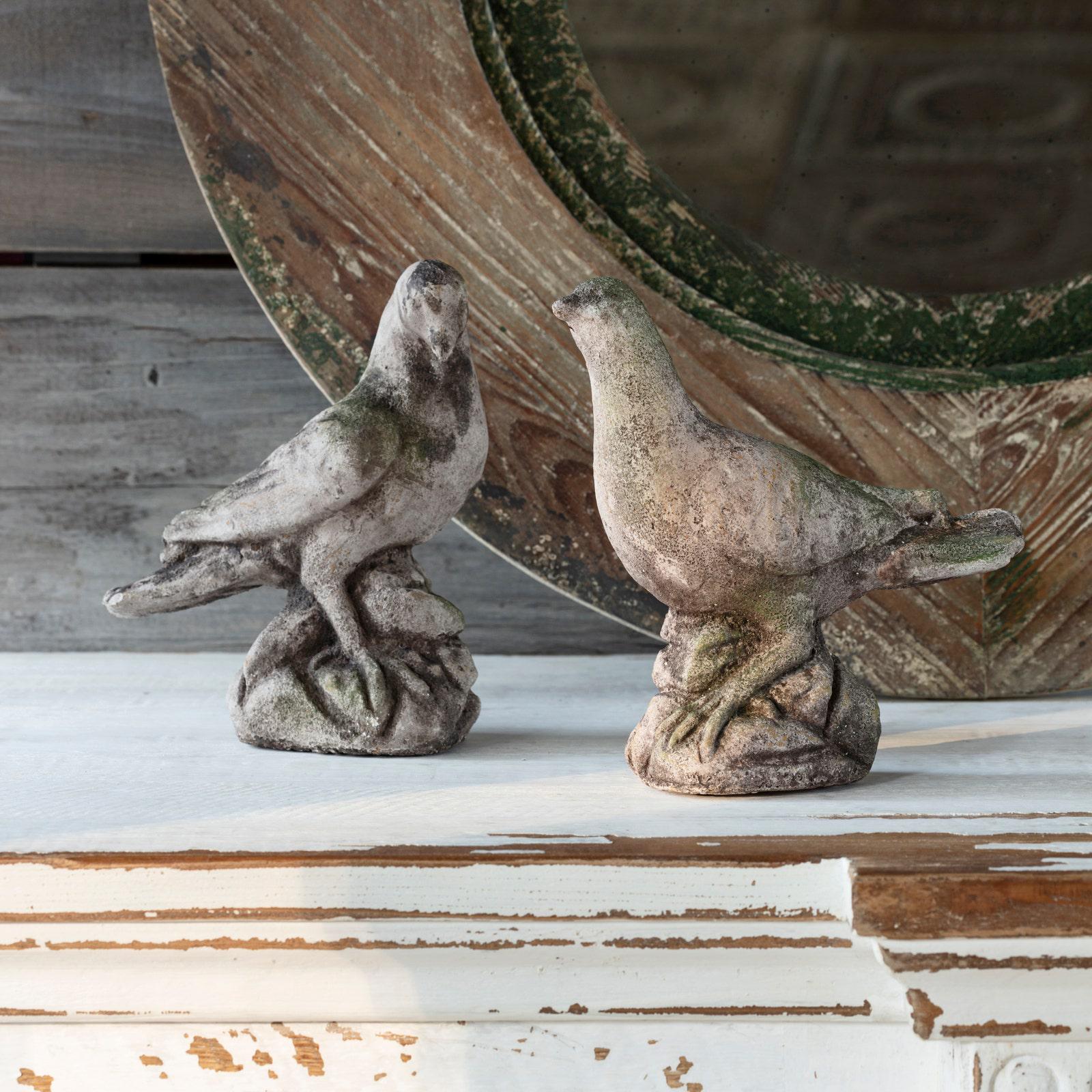 Concrete Dove Pair, aged look dove sculptures, farmhouse home decor, old world cottage decor, gift for her, bird statuettes, bird bookends