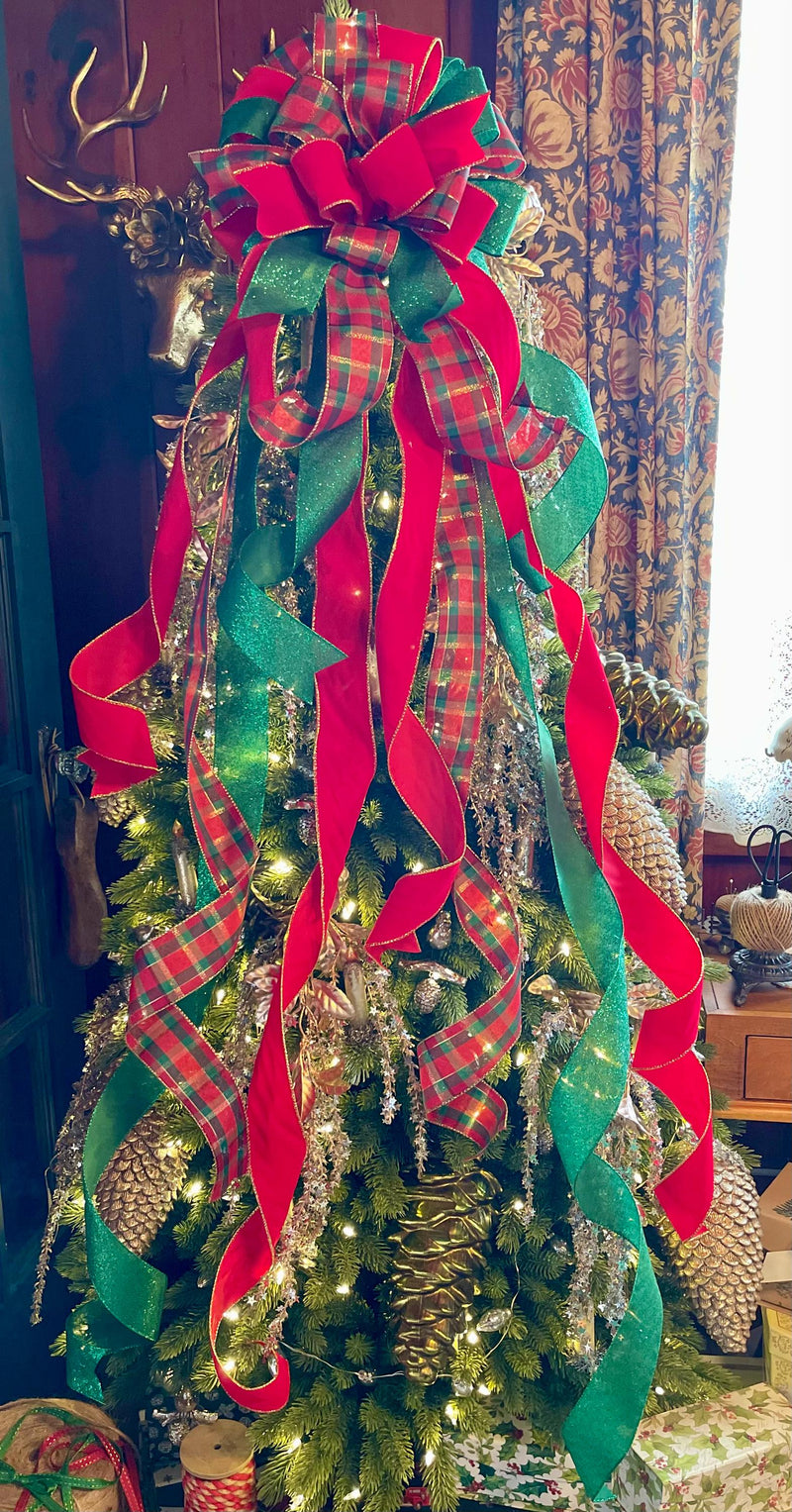 The Bianca Red Green & Gold Velvet Christmas Tree Topper Bow