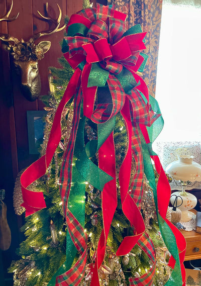 The Bianca Red Emerald Green & Gold Velvet Christmas Tree Topper Bow