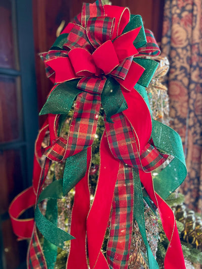 The Bianca Red Emerald Green & Gold Velvet Christmas Tree Topper Bow