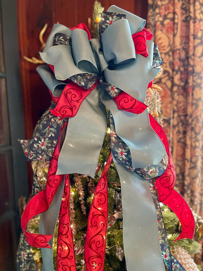 Lapiz Smoke Blue Navy & Red Christmas Tree Topper Bow