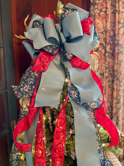 The Lapiz Smoke Blue Navy & Red Christmas Tree Topper Bow