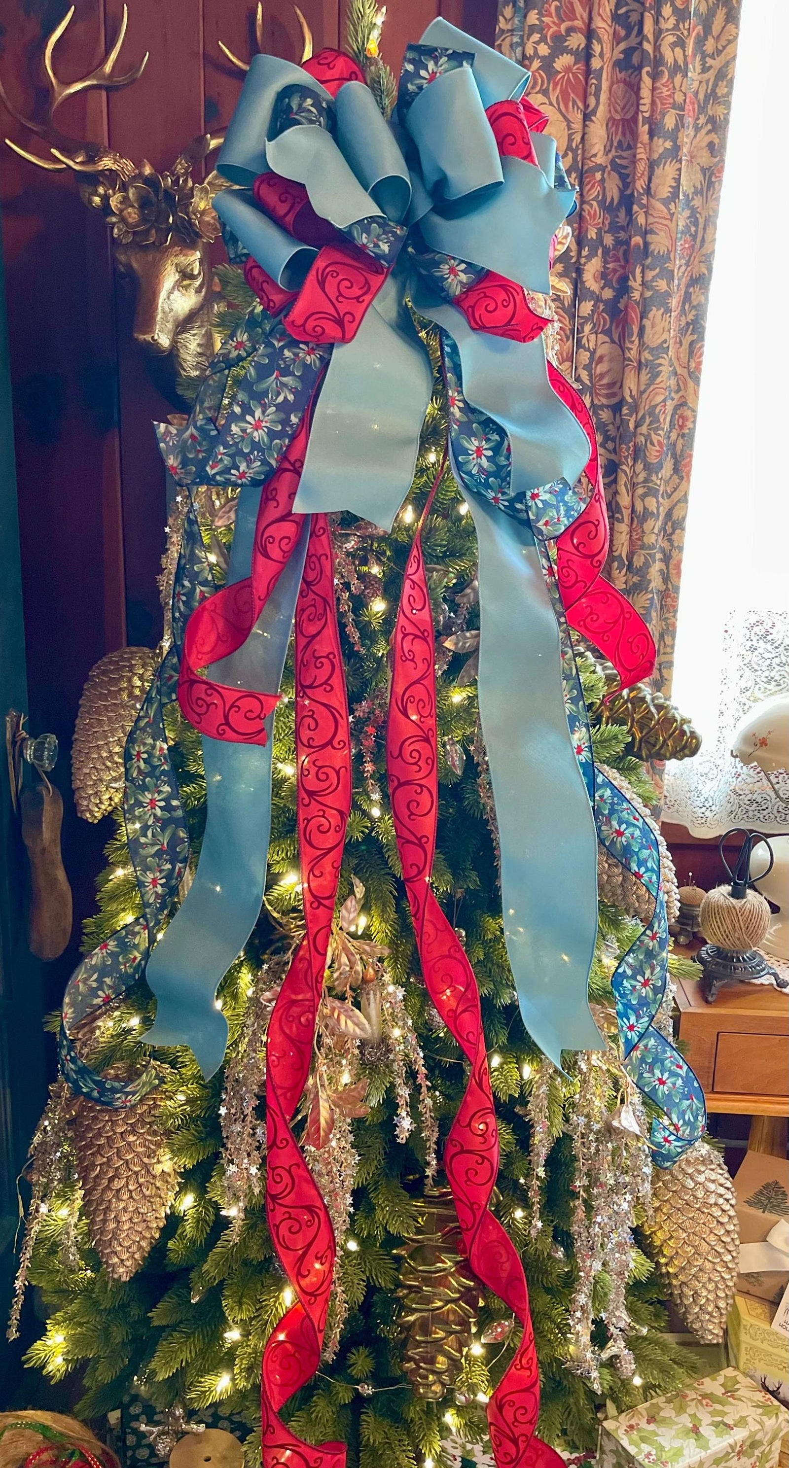 Lapiz Smoke Blue Navy & Red Christmas Tree Topper Bow