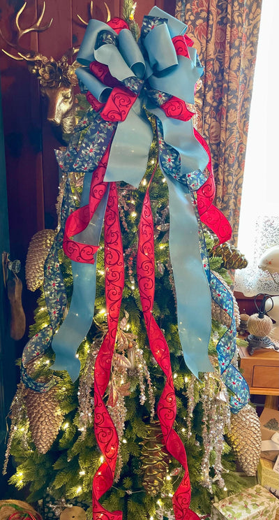 Lapiz Smoke Blue Navy & Red Christmas Tree Topper Bow
