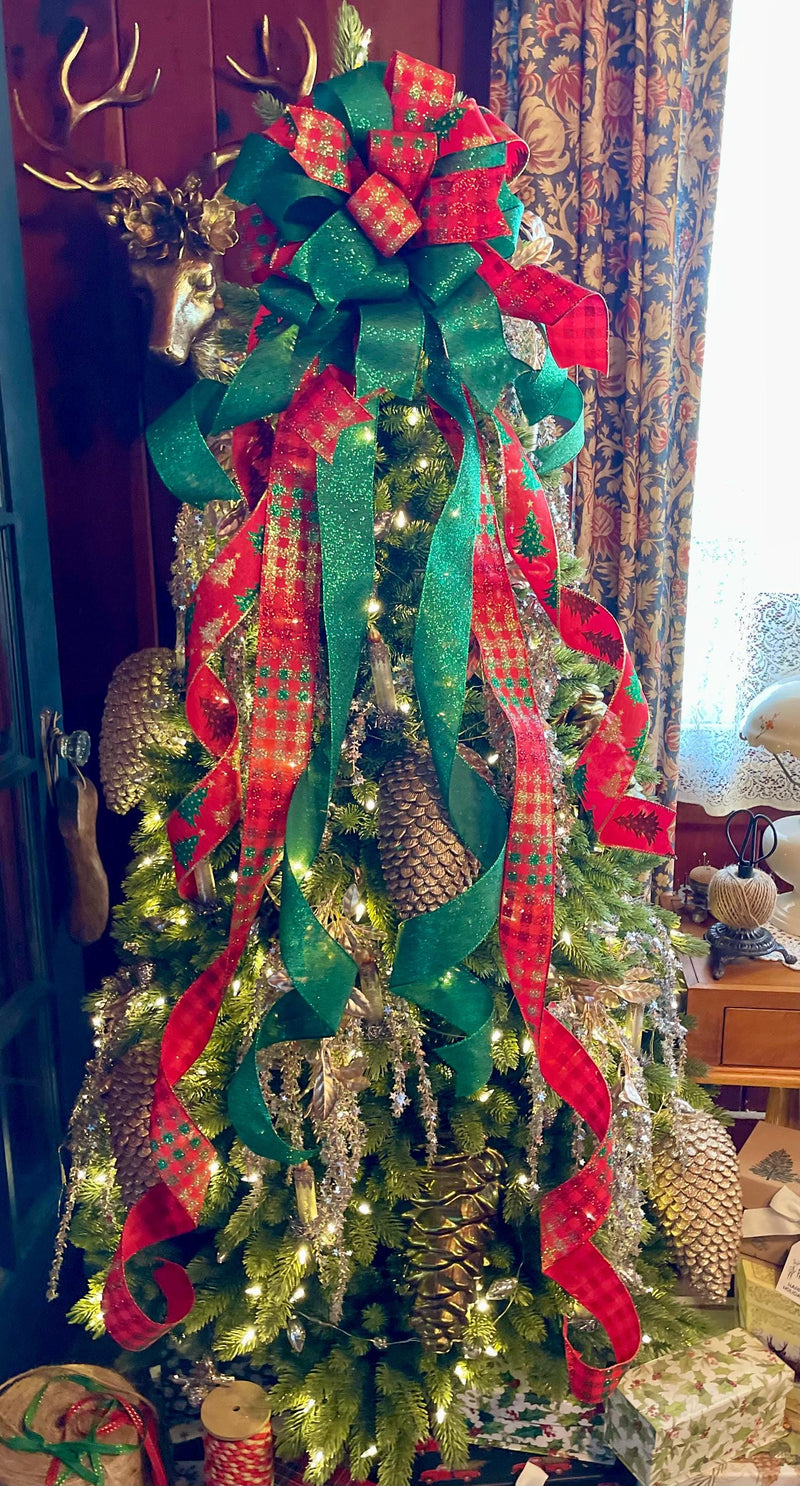 The Beatrice Red Green & Gold Christmas Tree Topper Bow
