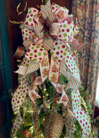 The Monica Red White & Green Whimsical Christmas Tree Topper Bow