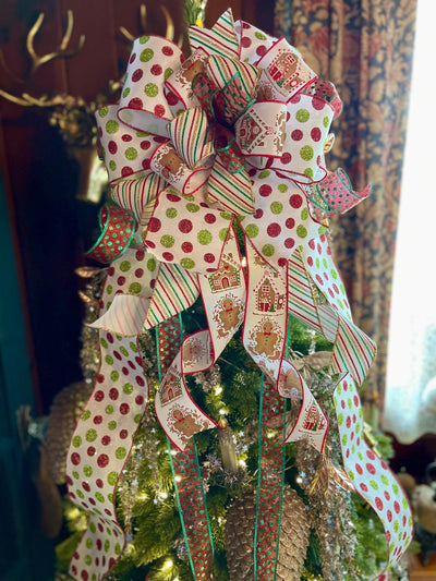 The Monica Red White & Green Whimsical Christmas Tree Topper Bow