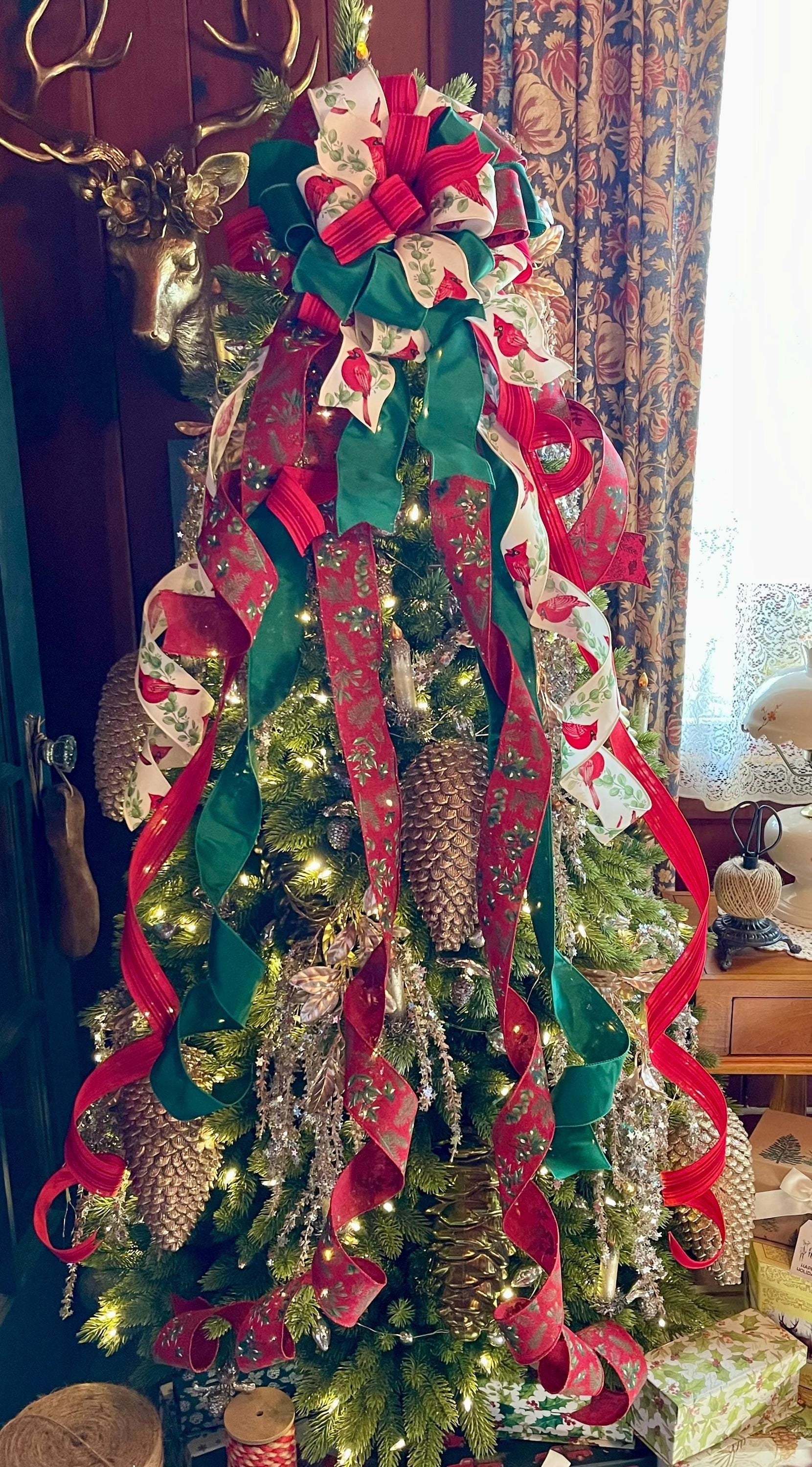 The Meagan Red & Green Christmas Tree Topper Bow, Cottage style bow, bow topper for tree, long streamer bow, Red cardinal Christmas tree bow